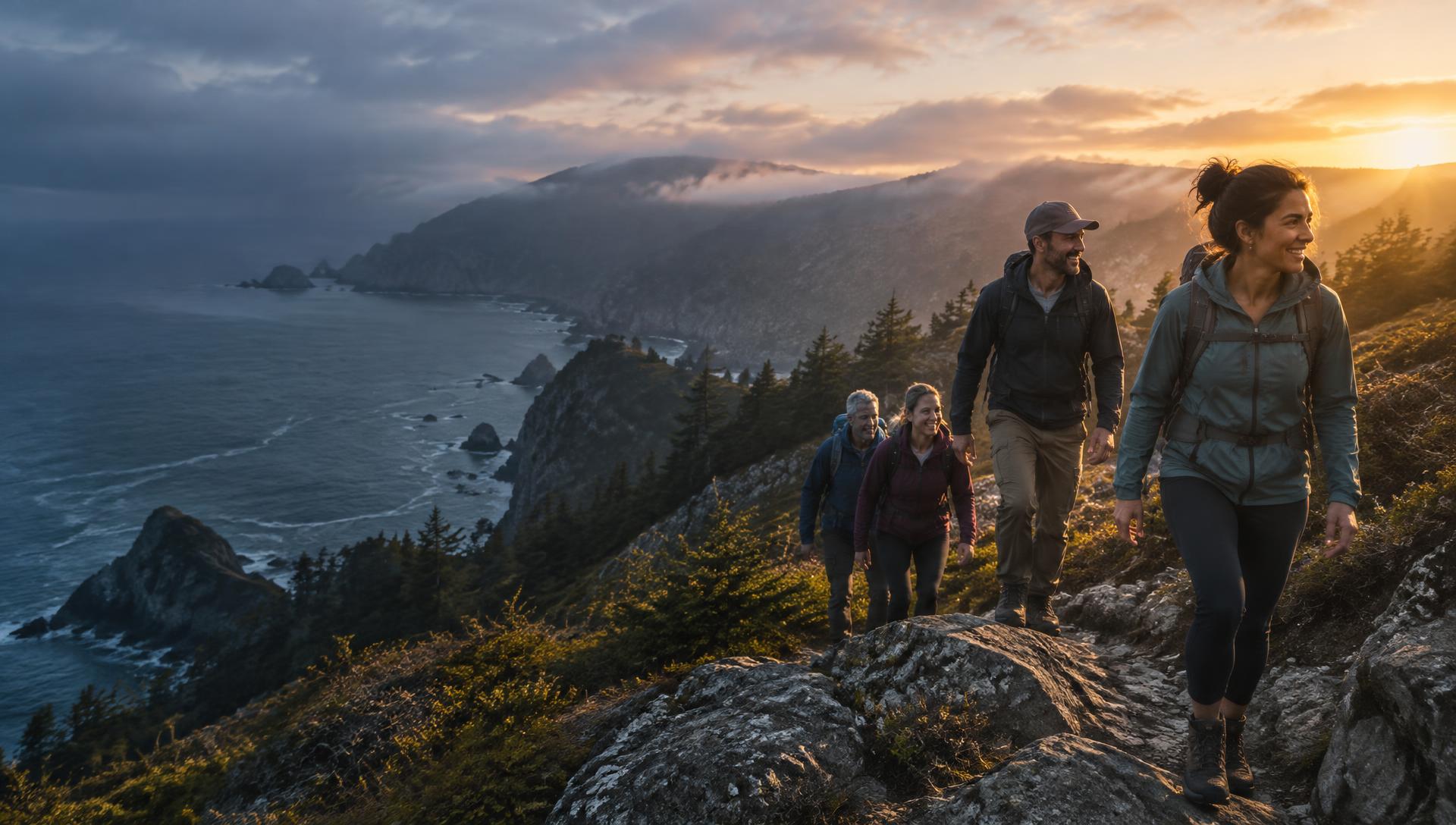 A mixed-age group hiking together above a rugged coastline at sunrise